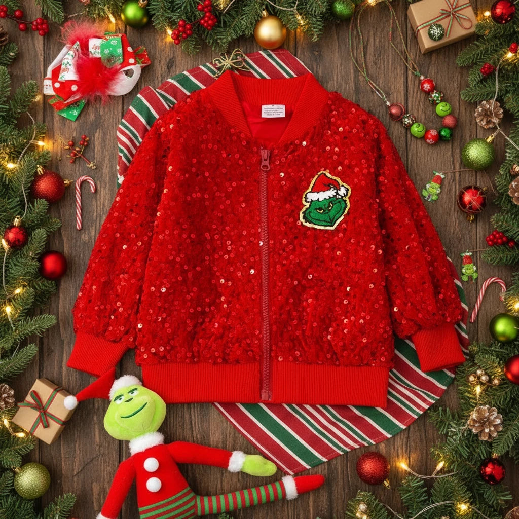 Red Sequin Grinch Bomber Jacket