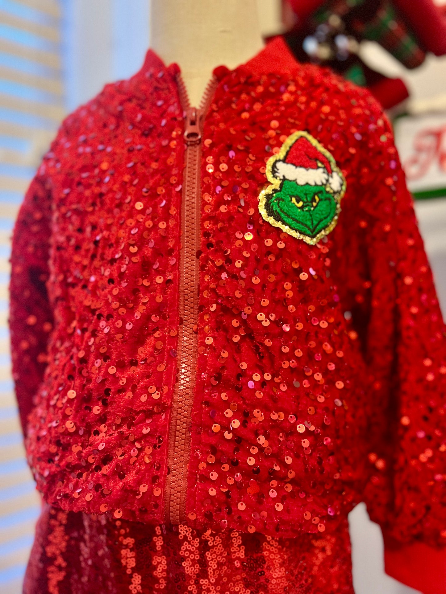 Red Sequin Grinch Bomber Jacket